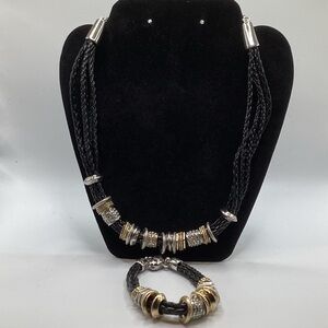 Chico's Black Braided Necklace & Bracelet with Gold and Silver Rings